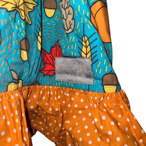 Eleanor Rose Orange and Teal striped fall leaf acorn print dress sz 8-10 - Picture 2 of 3